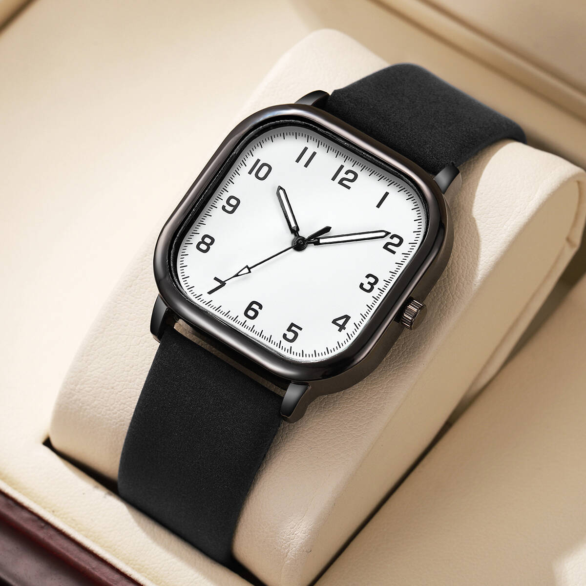 Leather Watch Band Men - ファッションメンズビジネスウォッチシンプルスクエアアラビアクォーツ時計レザーバンド腕時計リロイやつ（箱なし）