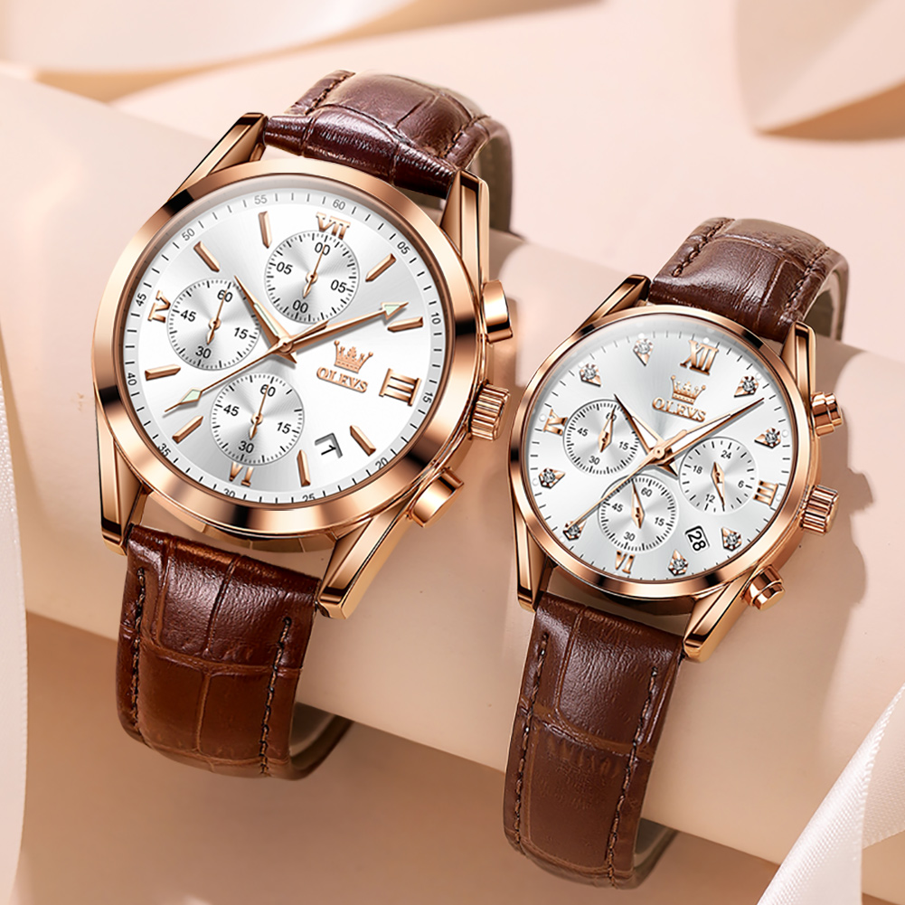 Leather Watch Band Men - Olevs-男性と女性のための防水カップル時計、クォーツ腕時計、革ストラップ、クロノグラフデザイン、オーバーズギフト