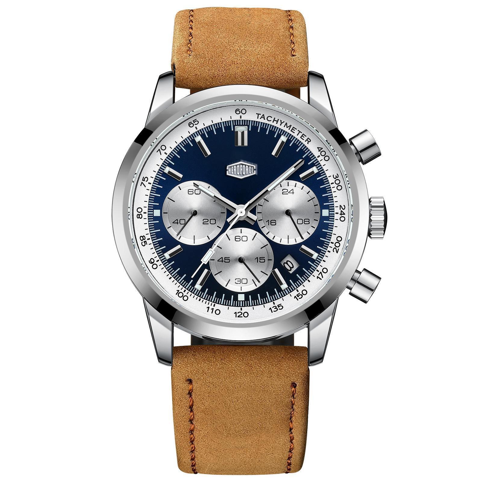 HEROFORCE クラシック シルバー ブルー クロノグラ - Leather Watch Band Men のレビューと価格