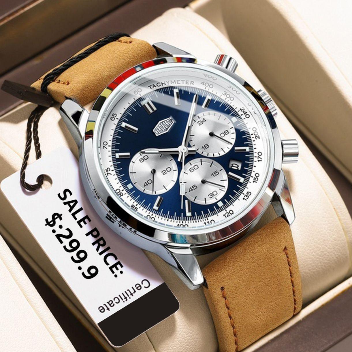 HEROFORCE クラシック シルバー ブルー クロノグラ - Leather Watch Band Men のレビューと価格