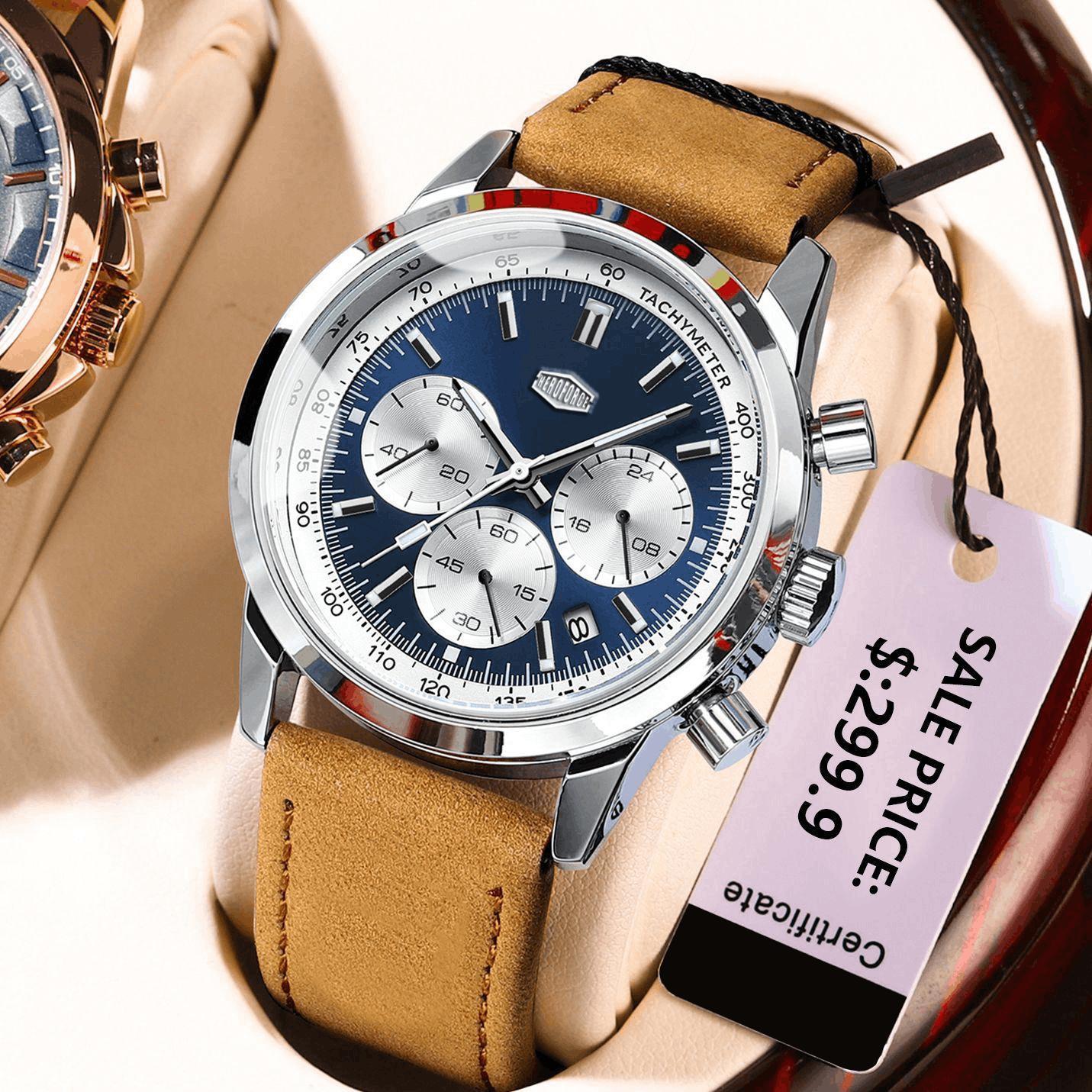 HEROFORCE クラシック シルバー ブルー クロノグラ - Leather Watch Band Men のレビューと価格